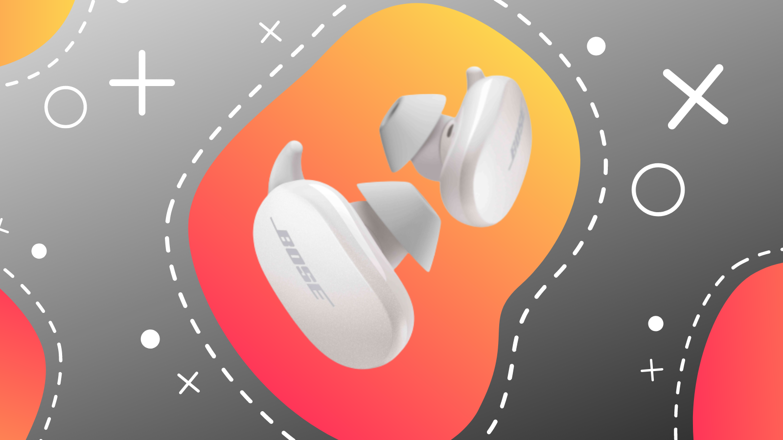 bose quietcomfort noise cancelling earbuds in white with colored background