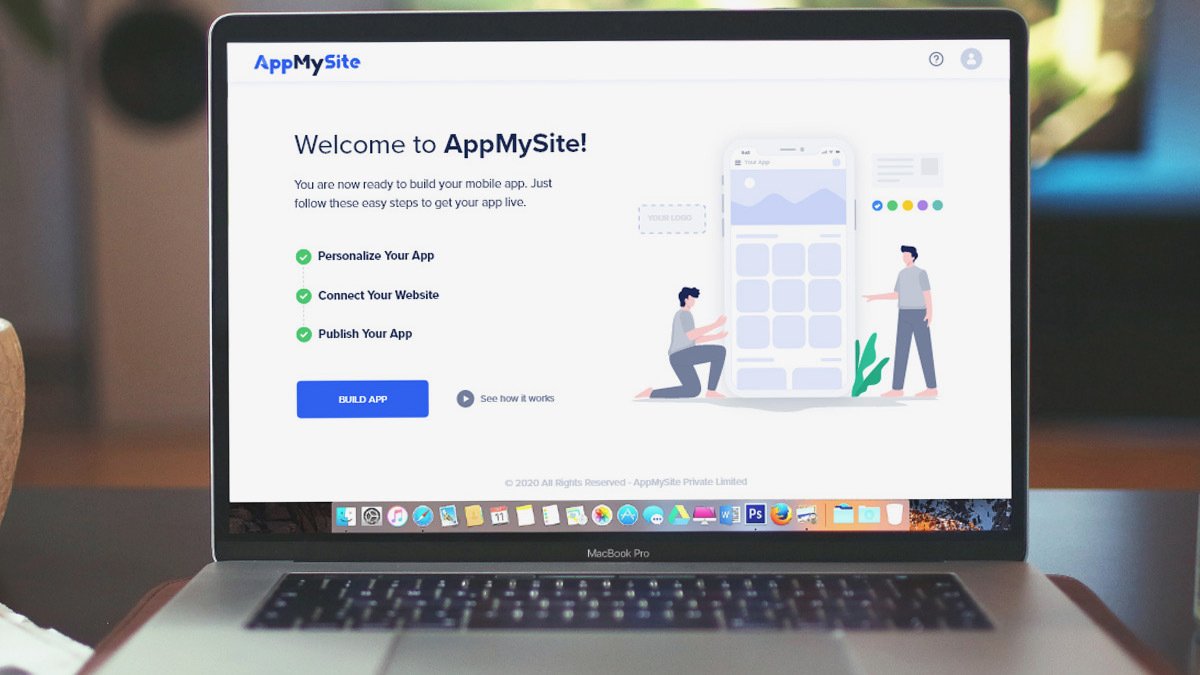 Laptop open on appmysite page with build app button