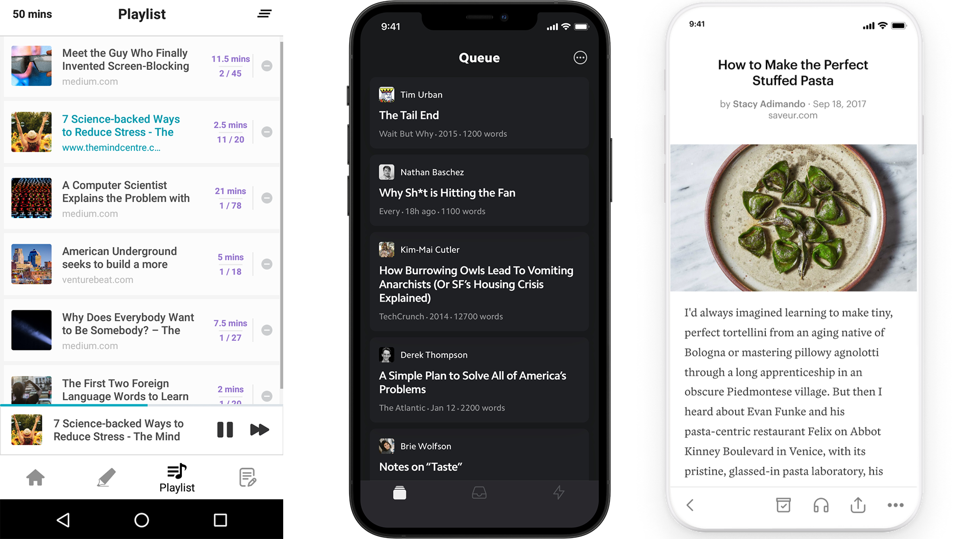 screenshot of 3 read-later apps
