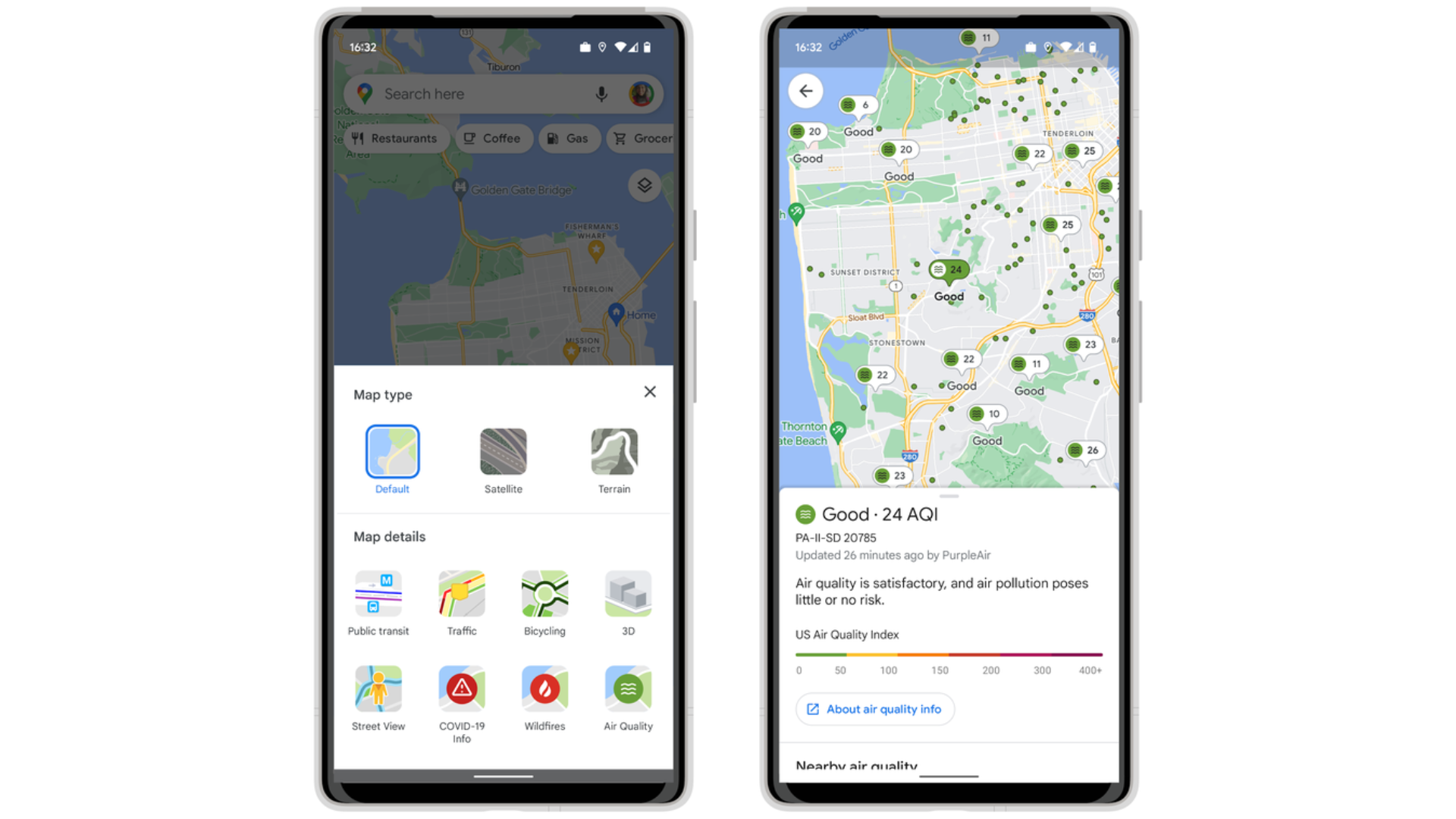 Two phone screens side by side, displaying air quality features on Google Earth.
