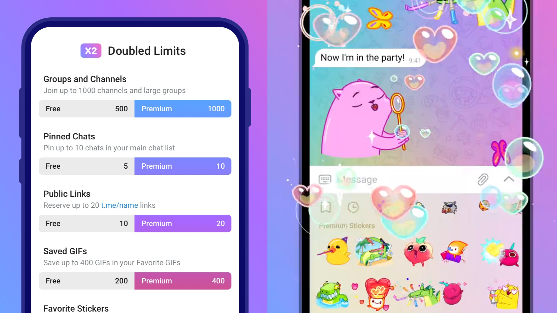 Images of Telegram Premium, featuring stickers and new products.