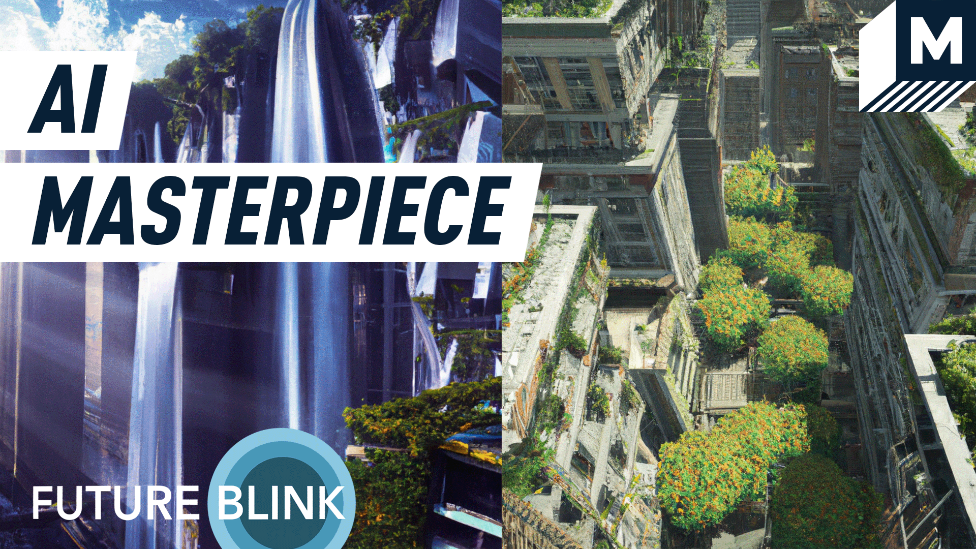 Two images generated by the AI program DALL-E 2. One of a futuristic Tokyo with waterfalls and the other an image of New York City overgrown with vegetation.