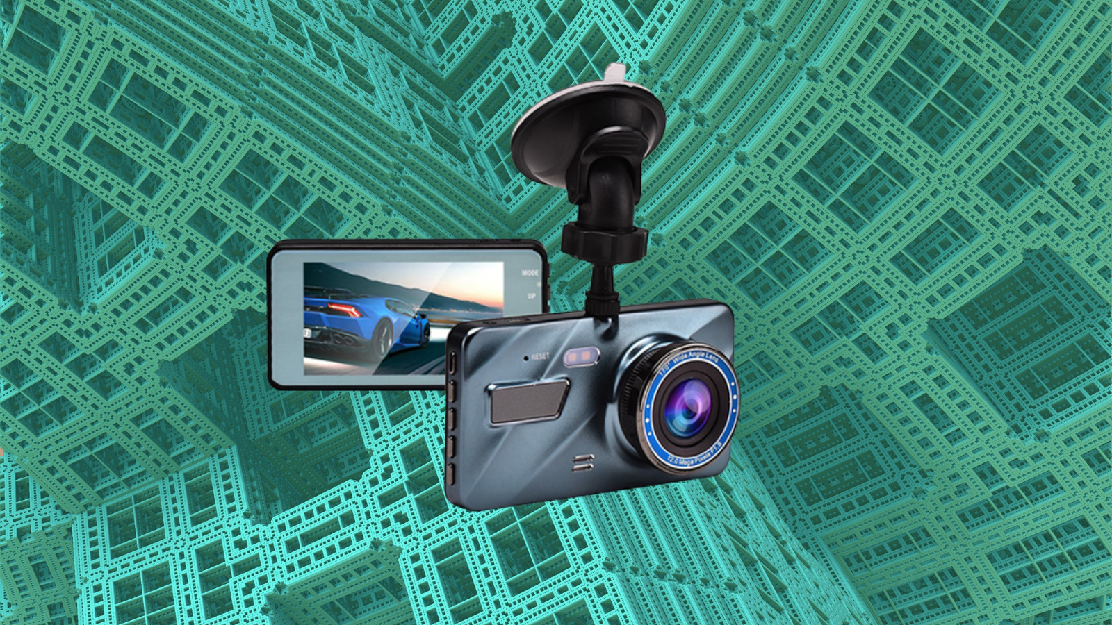 Dash cam, front and back, over green background