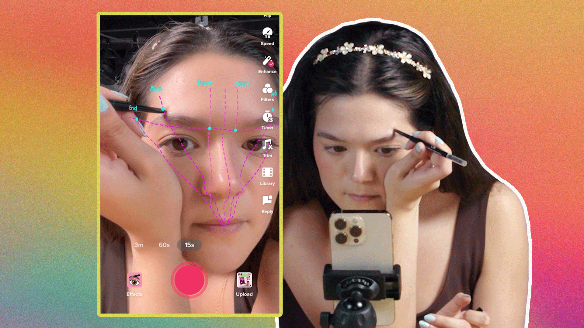 Composite of three TikTok filter screenshots, with grids overlaid on a face to draw makeup.