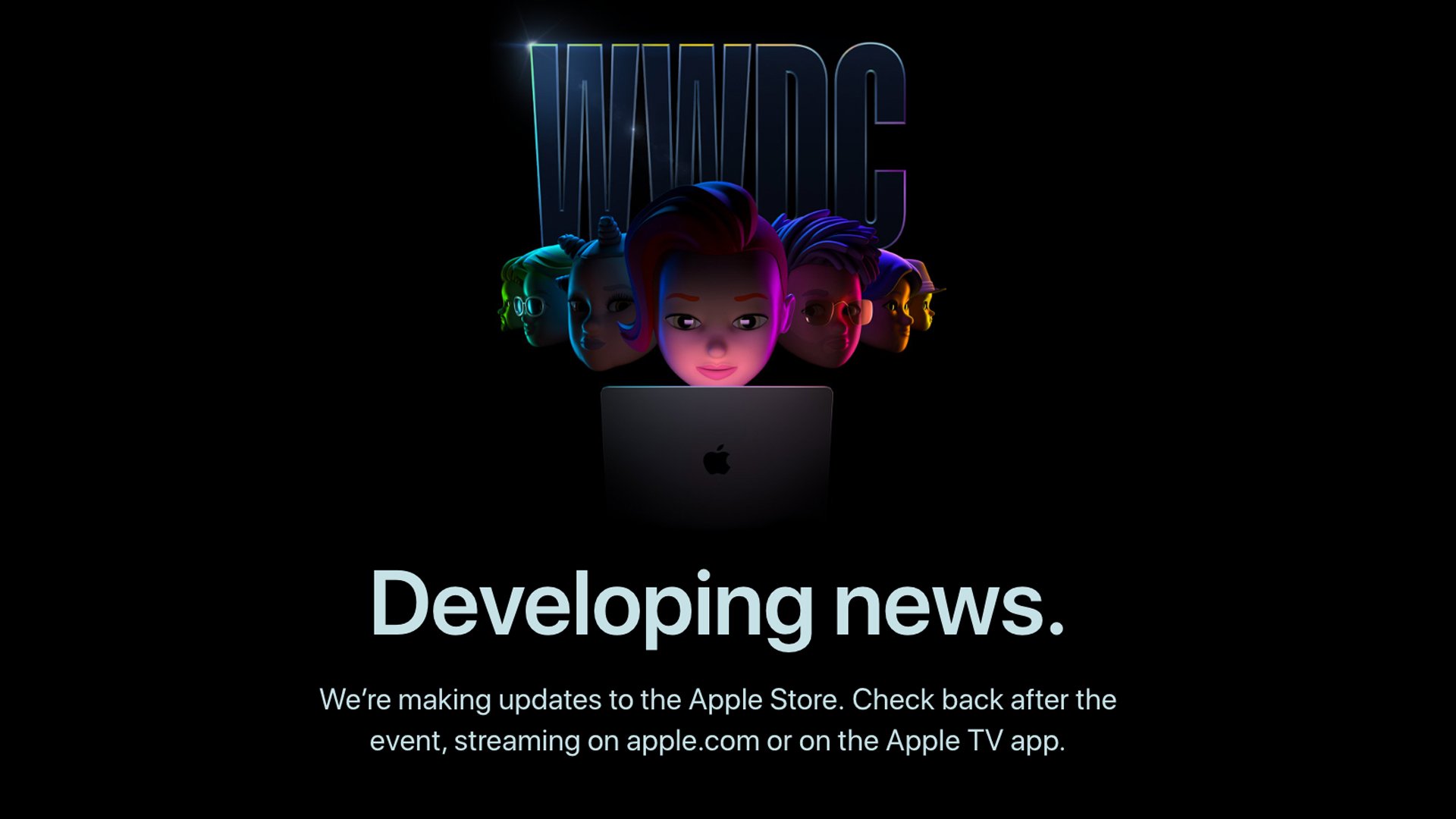 Apple's promotional image for WWDC showing characters in front of a laptop with the words "developing news".