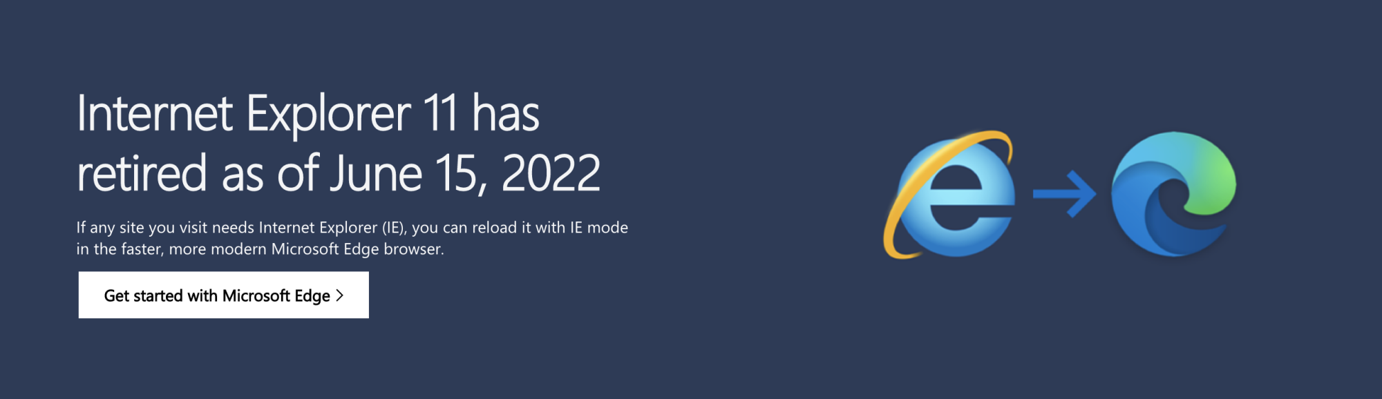 Microsoft website banner explaining Internet Explorer is no more
