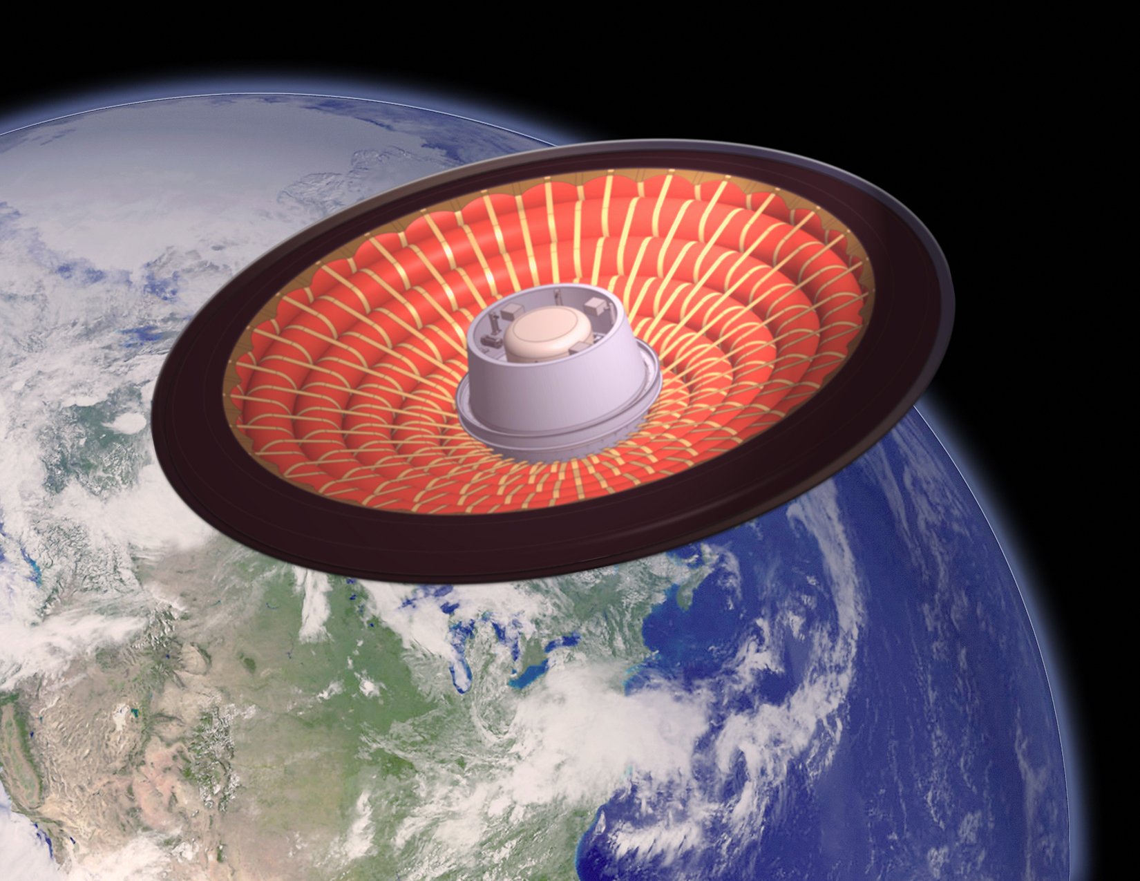 Inflated heat shield decelerating in space