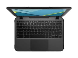 Dark grey laptop with blue pattern on screen from bird's eye view