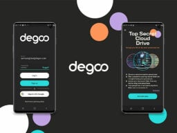 Two phones on degoo app screen with logo in the middle