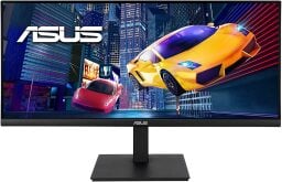 Asus 34-inch ultrawide gaming monitor with video game cars on display.