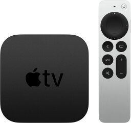 Black Apple TV cube with silver remote