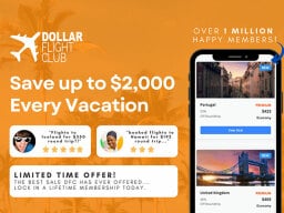 Phone showing destinations with flight prices next to ad text