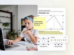Child on laptop next to diagrams on page