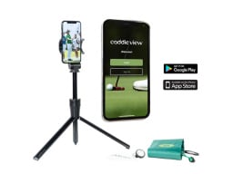 Phone on tripod showing caddie view app