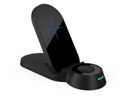 Black charging stand with blue cross in the middle