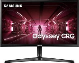 Samsung 24-inch Odyssey CRG5 curved gaming monitor with demo video game on screen.