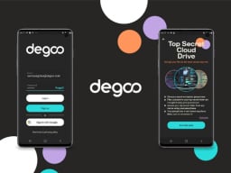 Two phone screens showing degoo app with logo in between