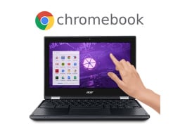 Hand pointing at chromebook screen