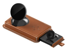 Brown charging mat with black stand for phone and watch