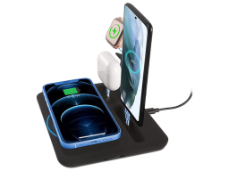 Two phones, airpods, and apple watch charging on stand