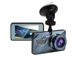 Blue dash cam front and back view with suction cup