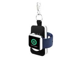 Apple Watch attached to black keychain and charging