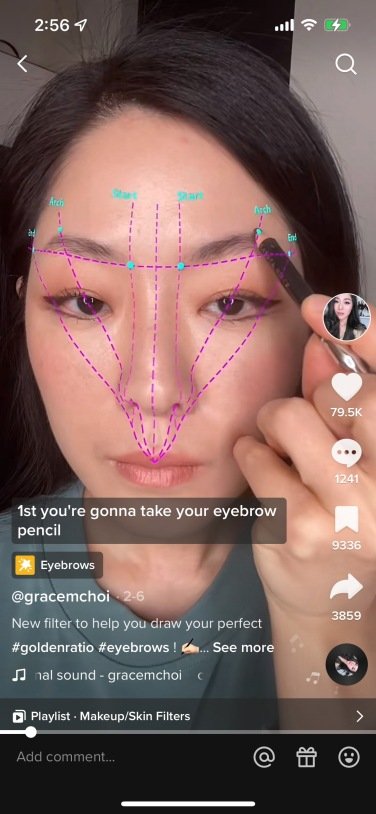 TikTok screenshot showing an Asian woman with dark hair using a filter that applies a grid over the eyebrow area.