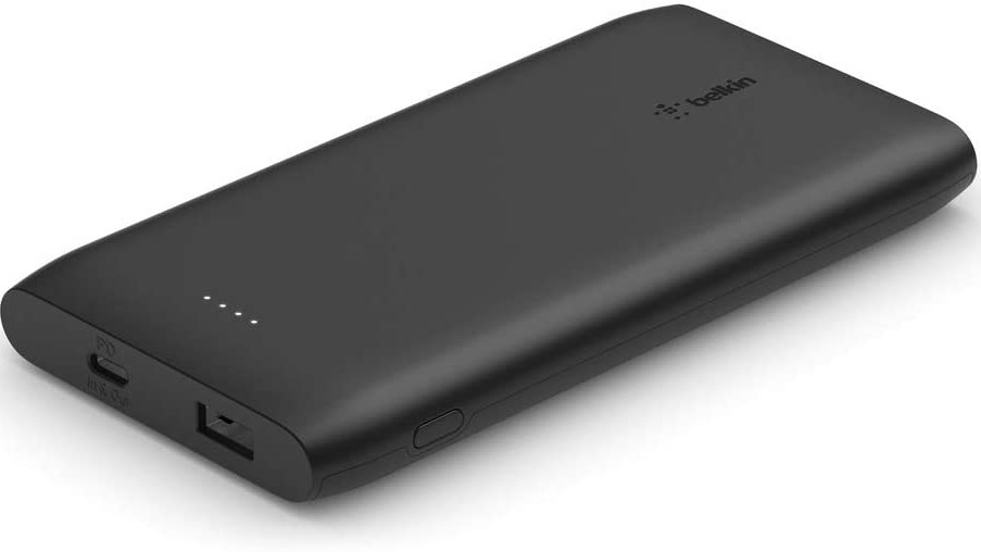 Black, rectangular portable charger with four lights to indicate battery level at the bottom edge.