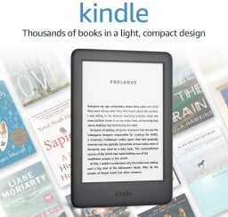 Black kindle with white text on top of transparent background of books