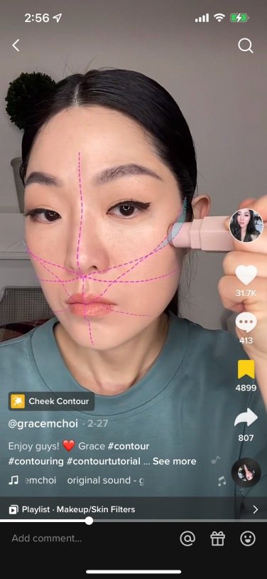 TikTok screenshot showing an Asian woman with dark hair using a filter that applies a grid over the face area.