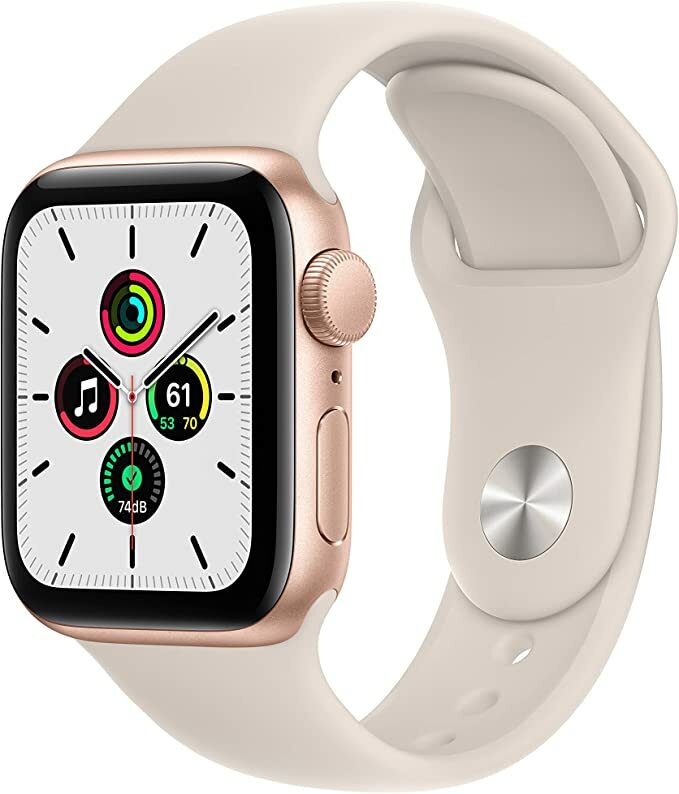 Rose gold Apple Watch SE with wrist band. Watch face shows an analog clock.