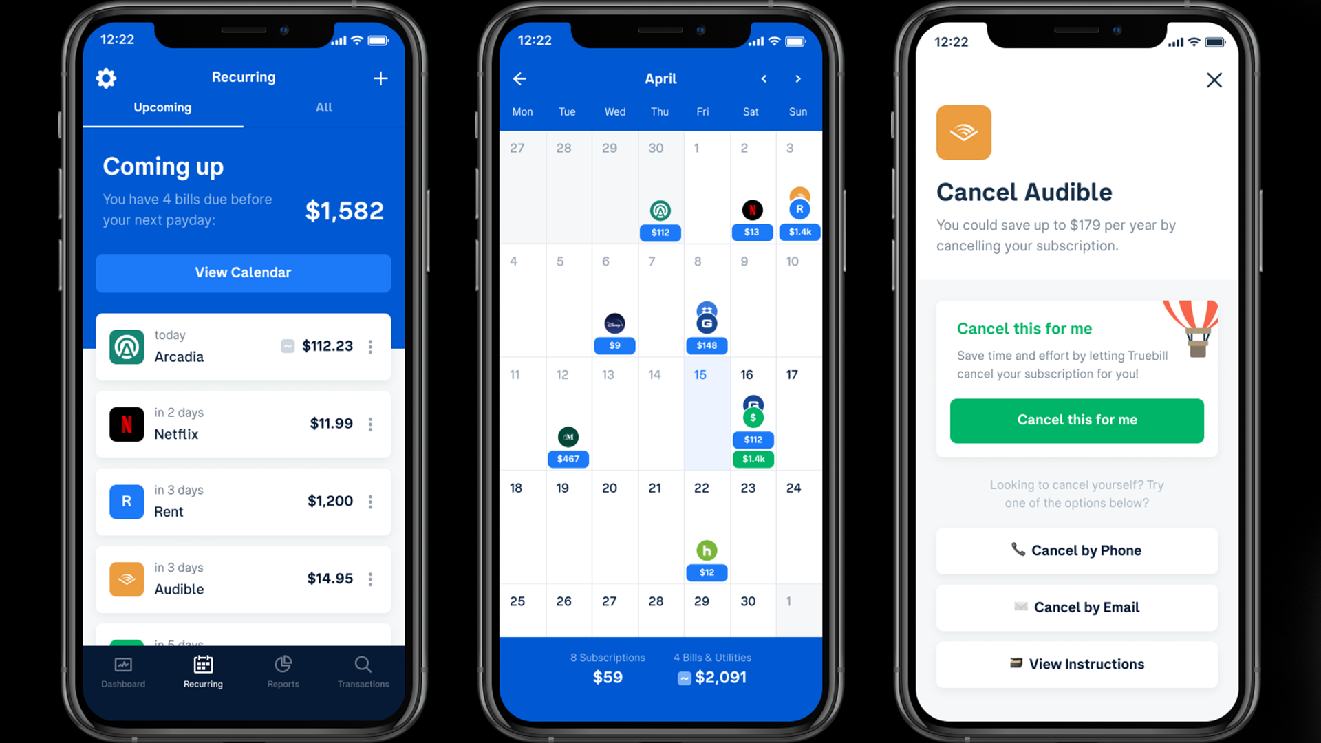 screenshots of the trubill app