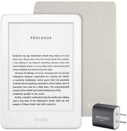White Kindle with grey fabric cover and black plug