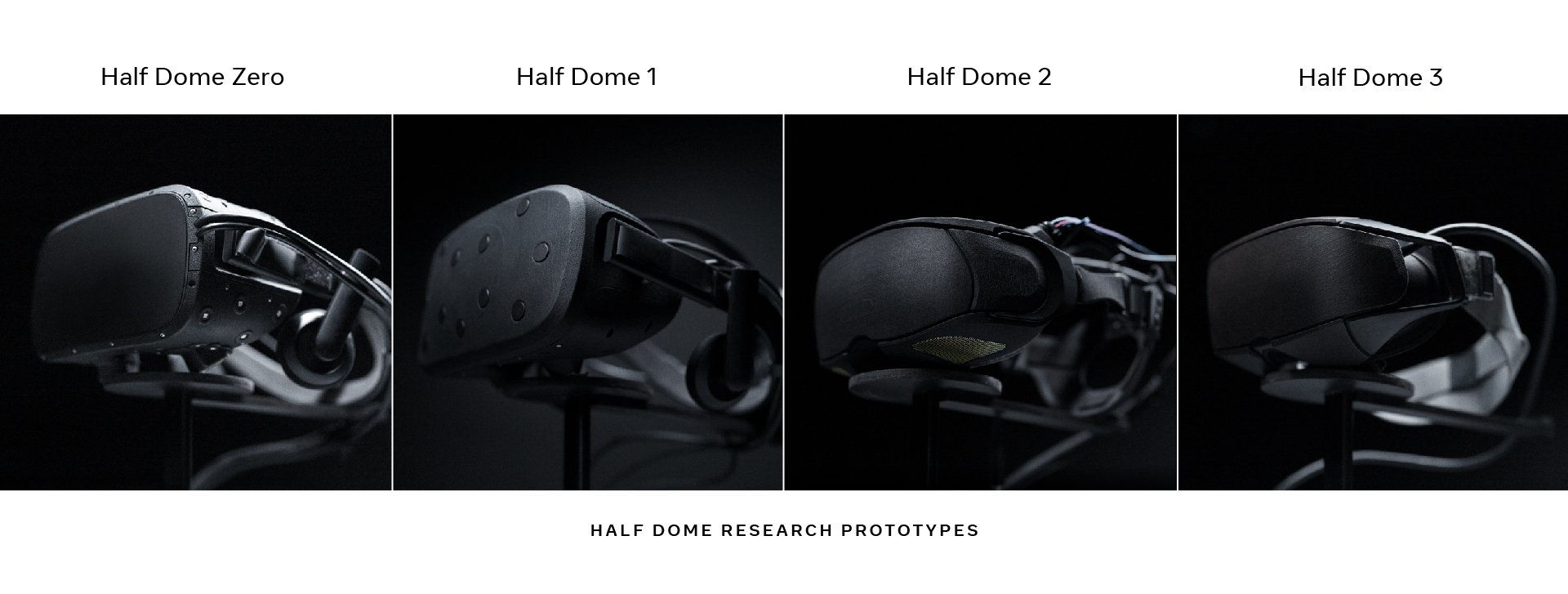 Four iterations of the Half Dome prototype lined up side-by-side.