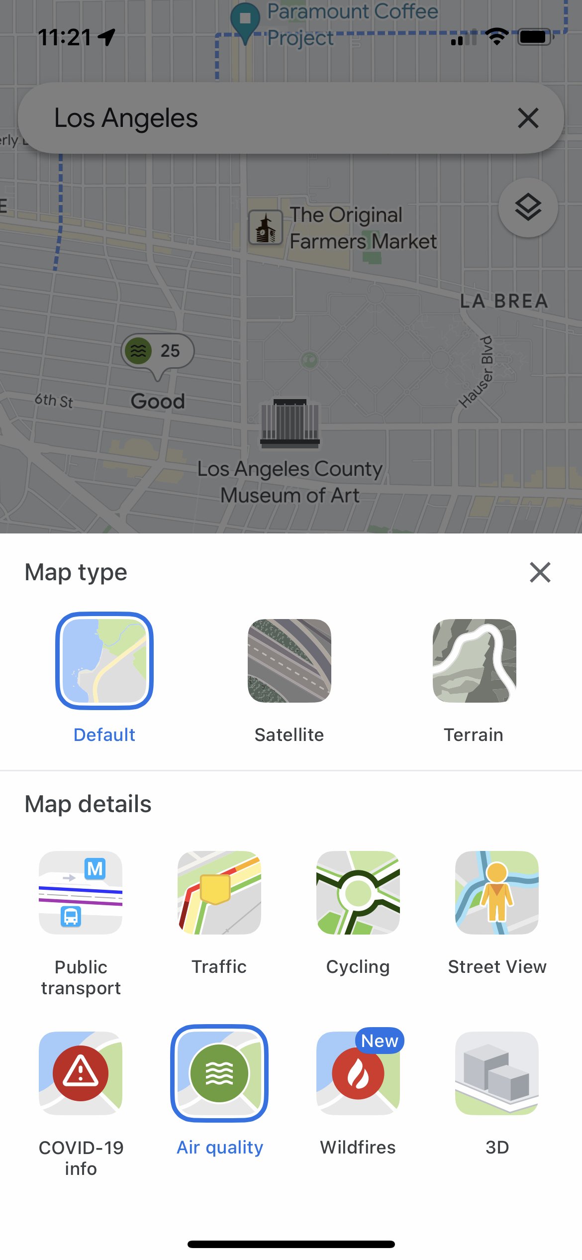 A screenshot of Google Maps showing the different layer widgets, including air quality.