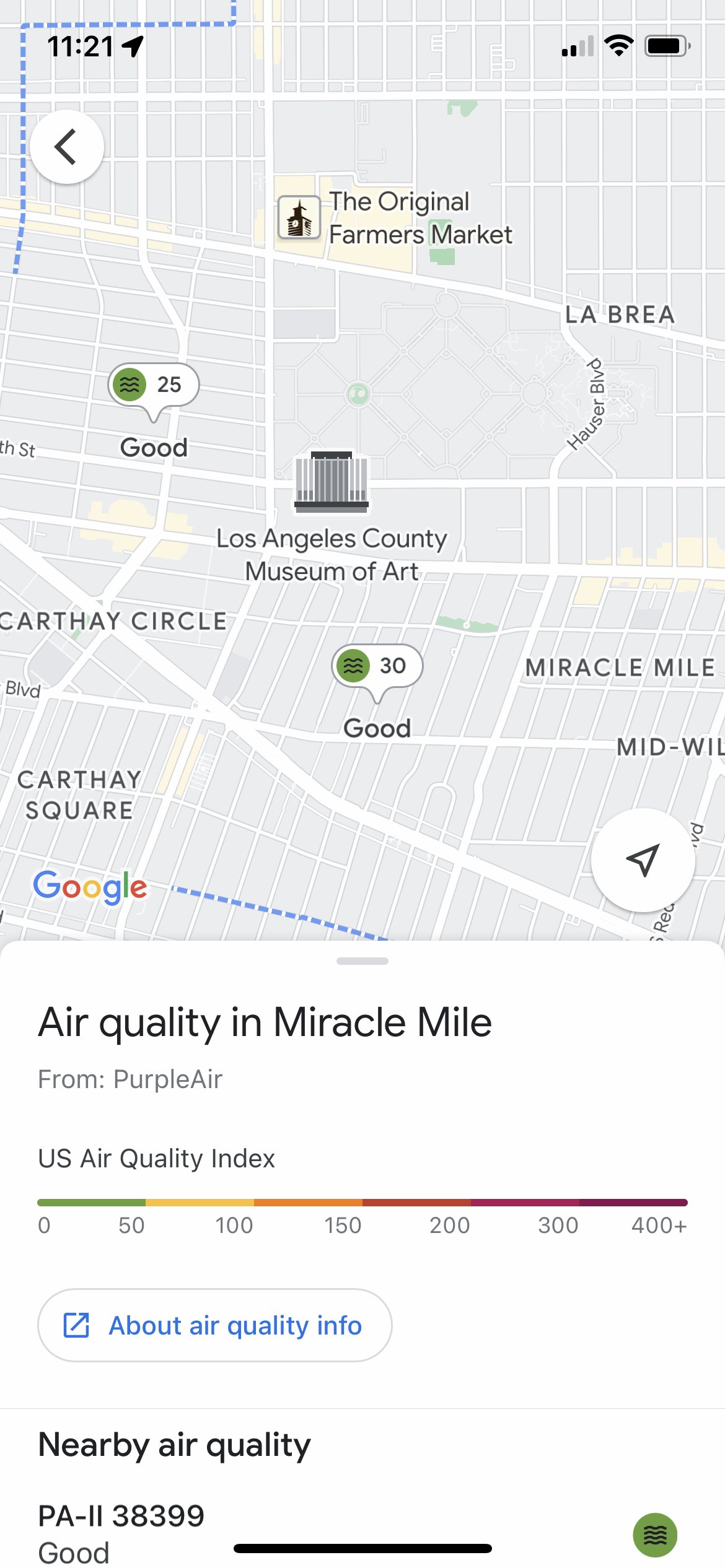 A screenshot of Google Maps showing the air quality displayed over locations in Los Angeles.