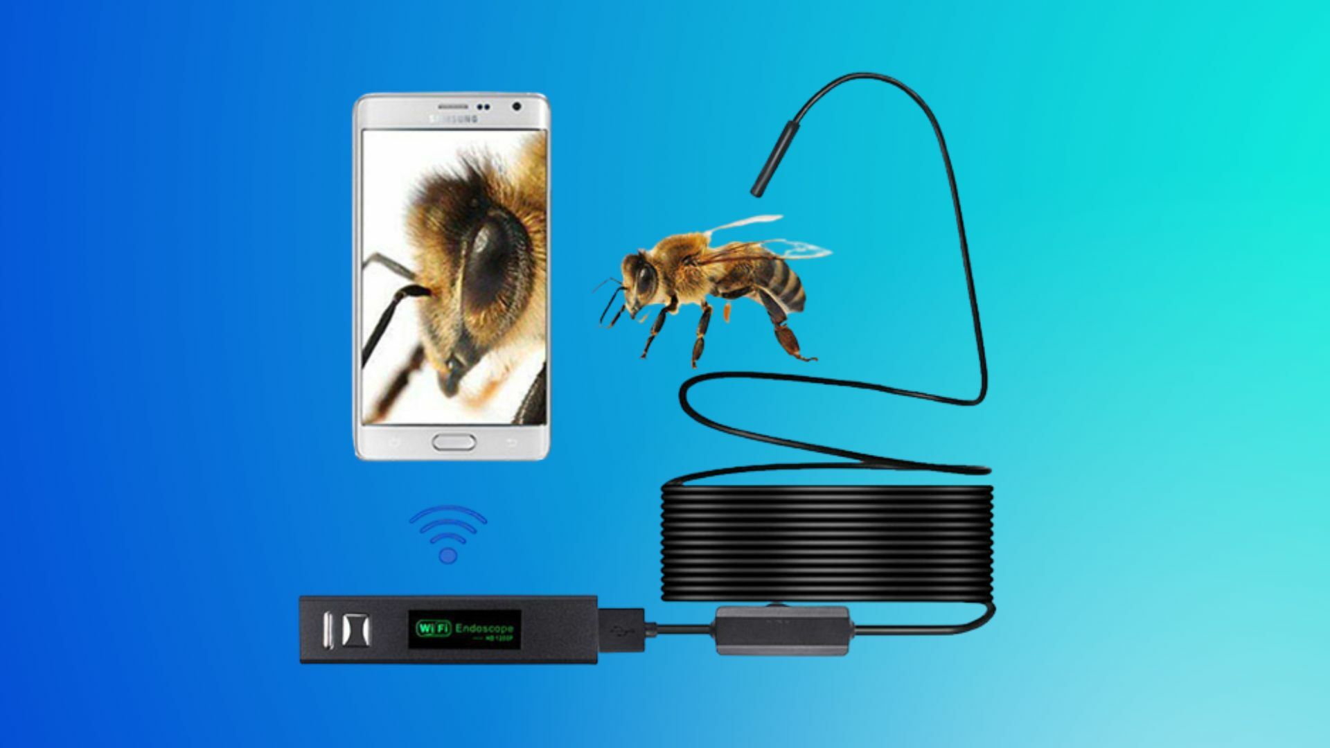 Wireless HD Endoscope Camera on a blue background.