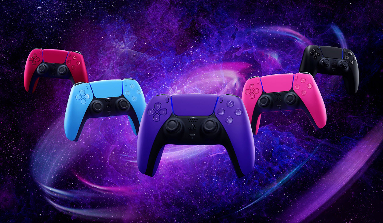 PlayStation 5 DualSense wireless controllers in five different colors against starry background