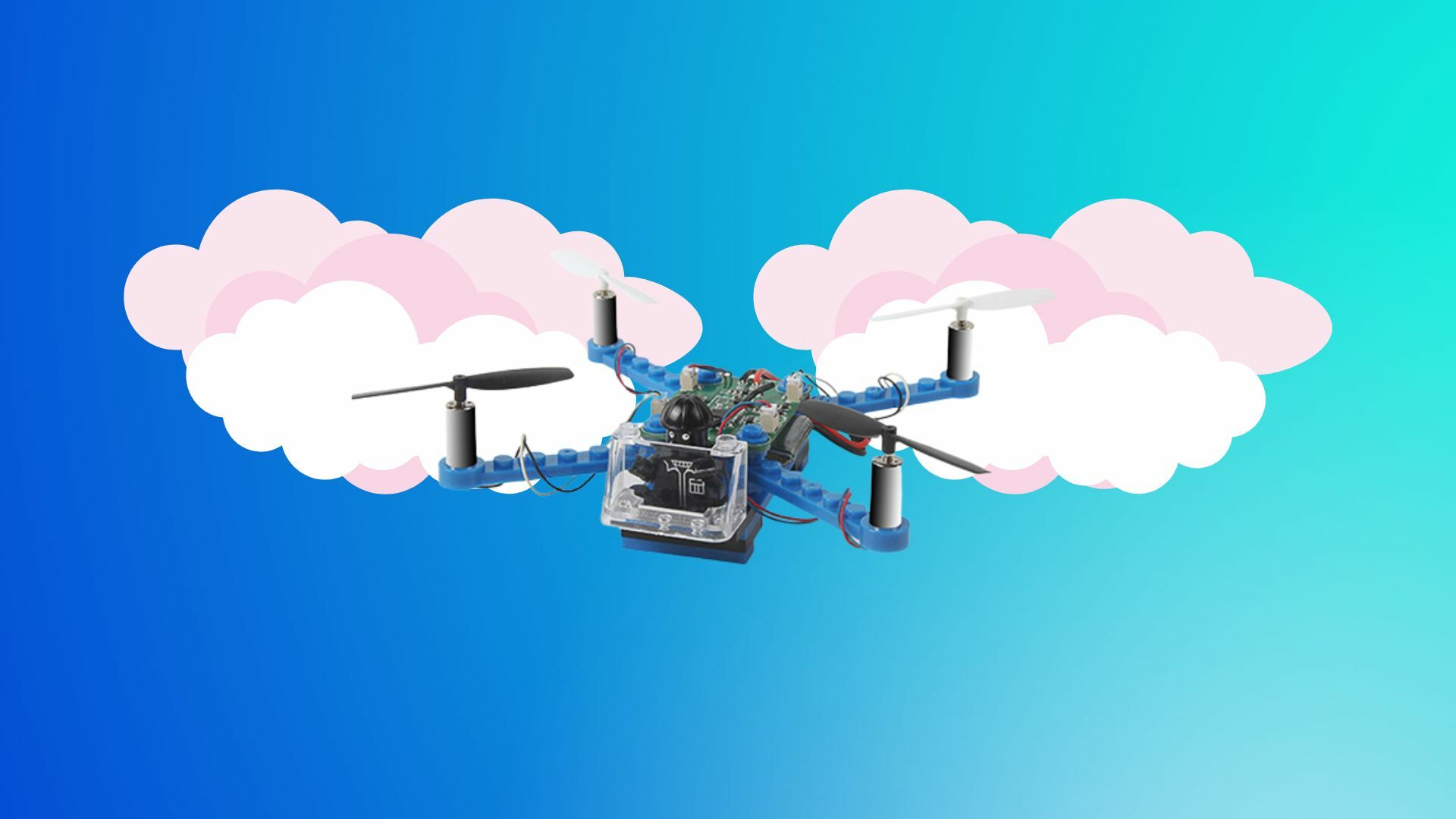 DIY Building Block STEM Drone on a blue background with clouds.