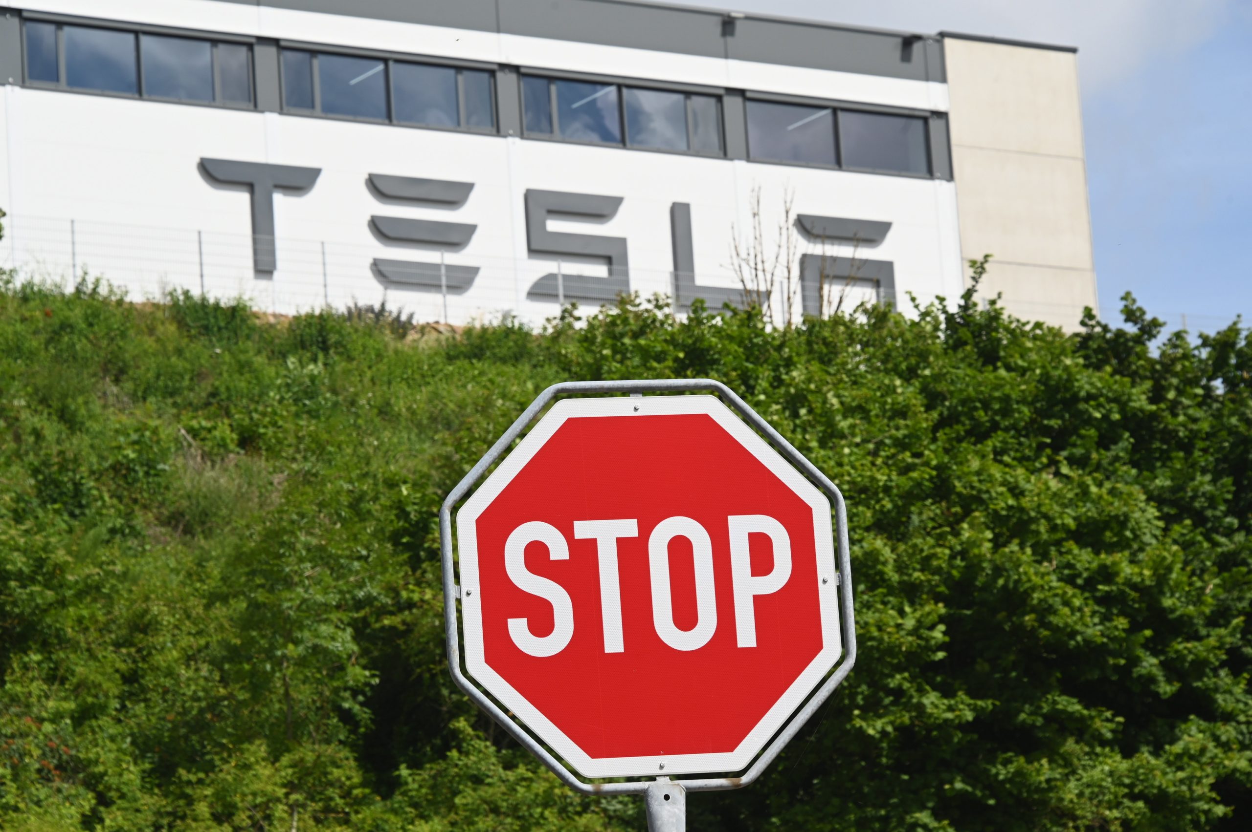 Tesla logo and stop sign