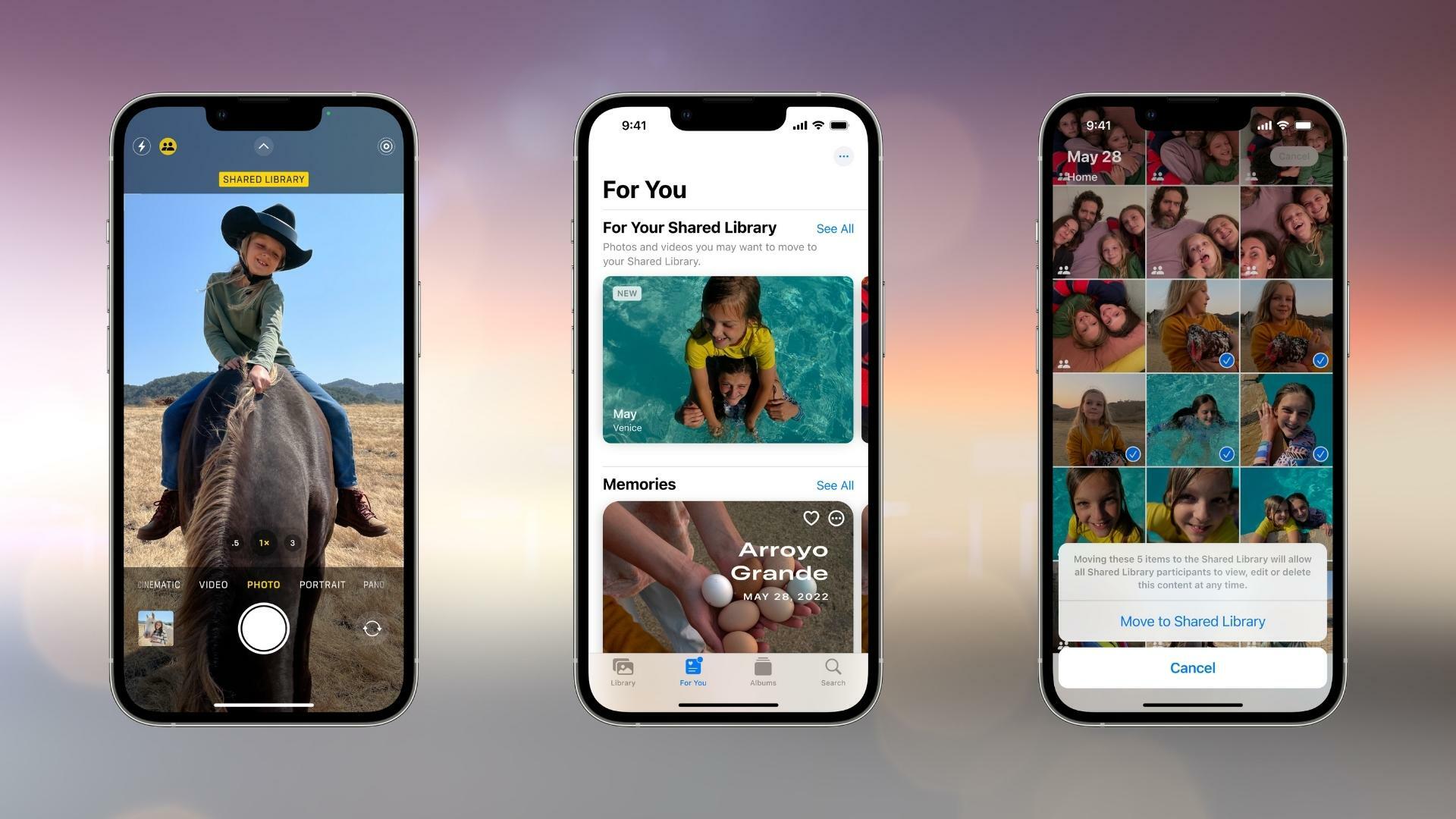 Composite of three iPhone screens showing various aspects of the iCloud Shared Photo Library feature