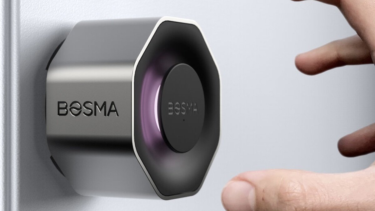 Hand reaching for the BOSMA Aegis Smart Door Lock.