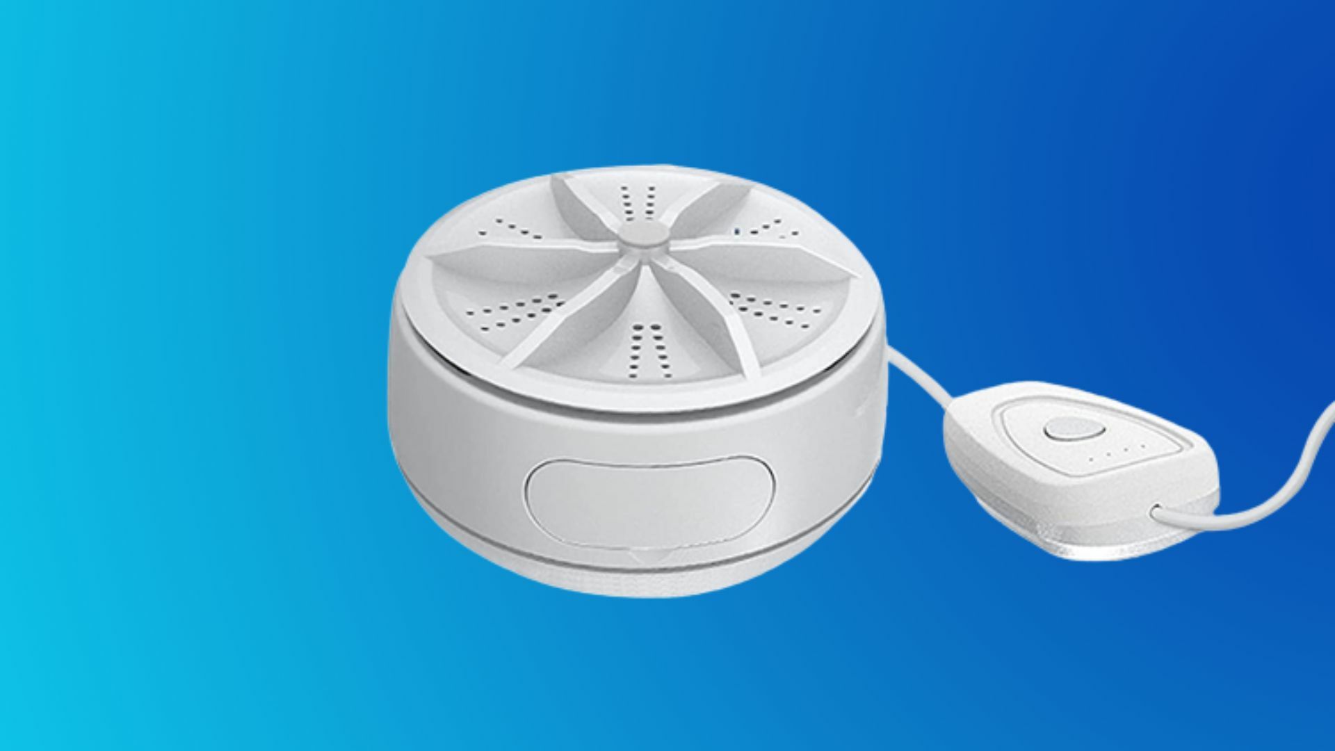 Portable Washing Machine with Remote on a blue background.
