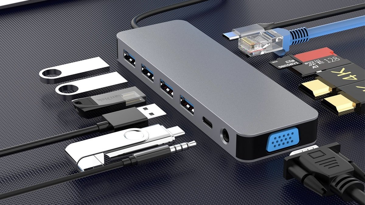 13-in-1 Docking Station with Dual HDMI on a table.