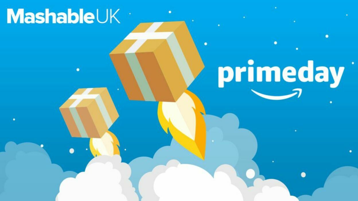 Delivery boxes fly through the air like rockets next to the Mashable UK logo and the Amazon Prime Day logo