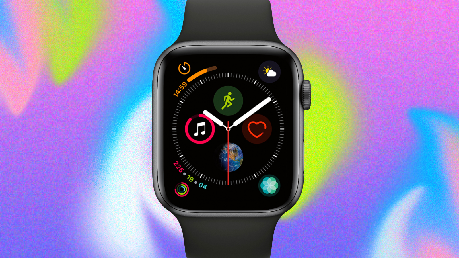 a space gray apple watch series 4 with a black band against a neon abstract background