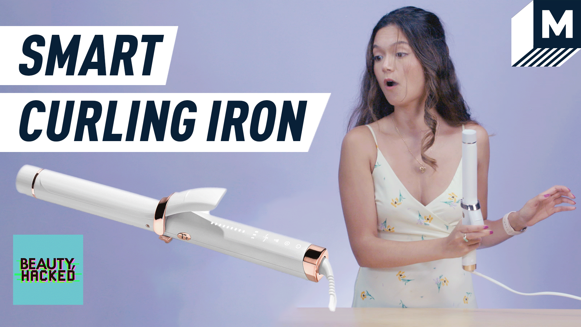 A composite image of Beauty, Hacked host Jennimai trying a smart curling iron. 