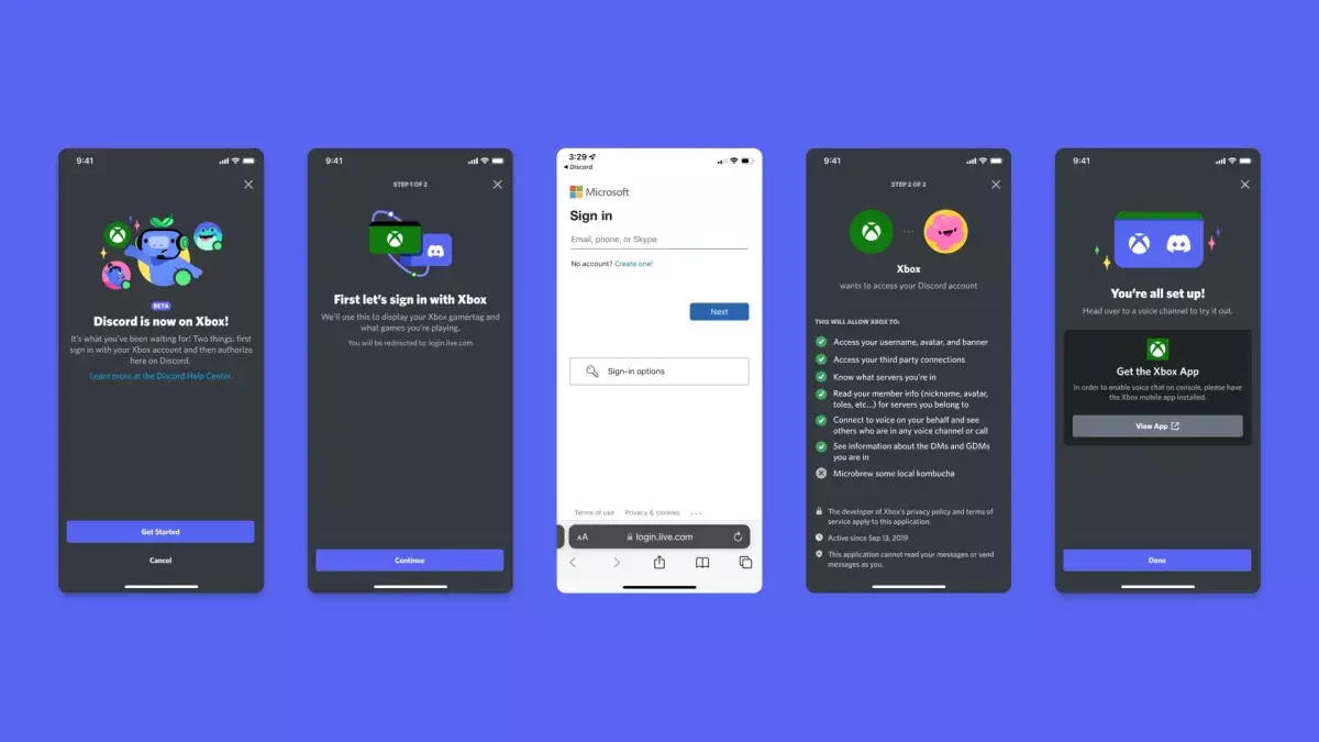 A set of five smartphone screenshots captured inside the Discord app.