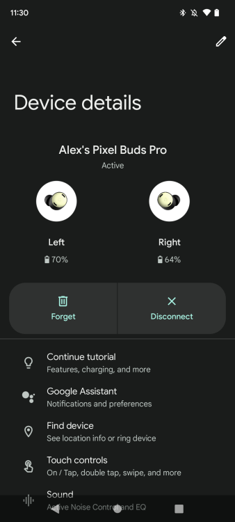 Google Pixel Buds settings on Pixel 6a