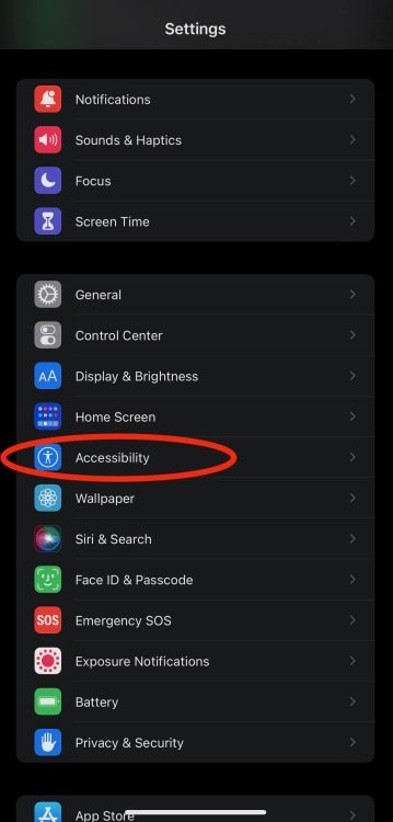 A screenshot of the iPhone settings menu with a red circle around the word "Accessibility".